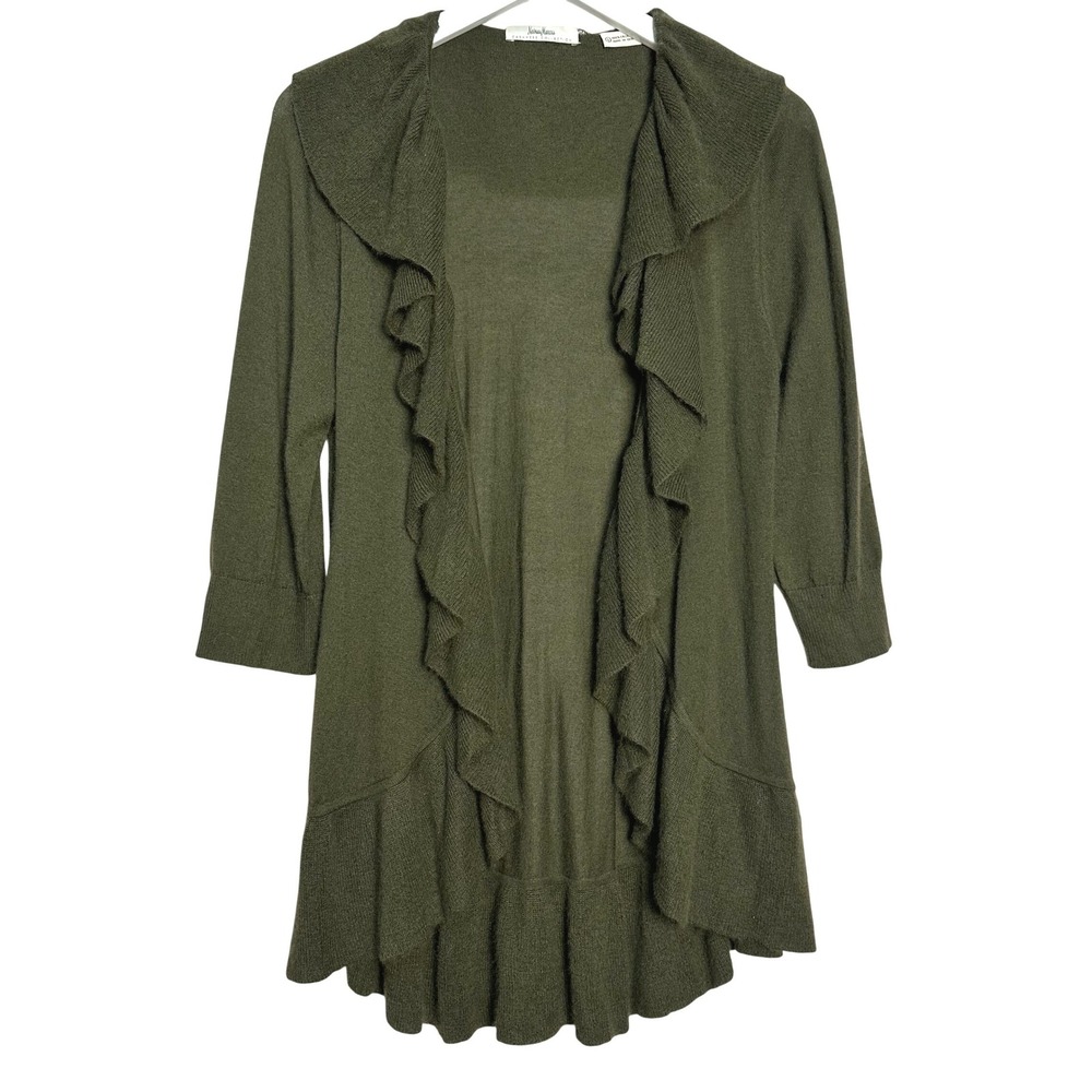 Neiman Marcus Cashmere Collection Olive Green Ruffle Open Cardigan Sweater L